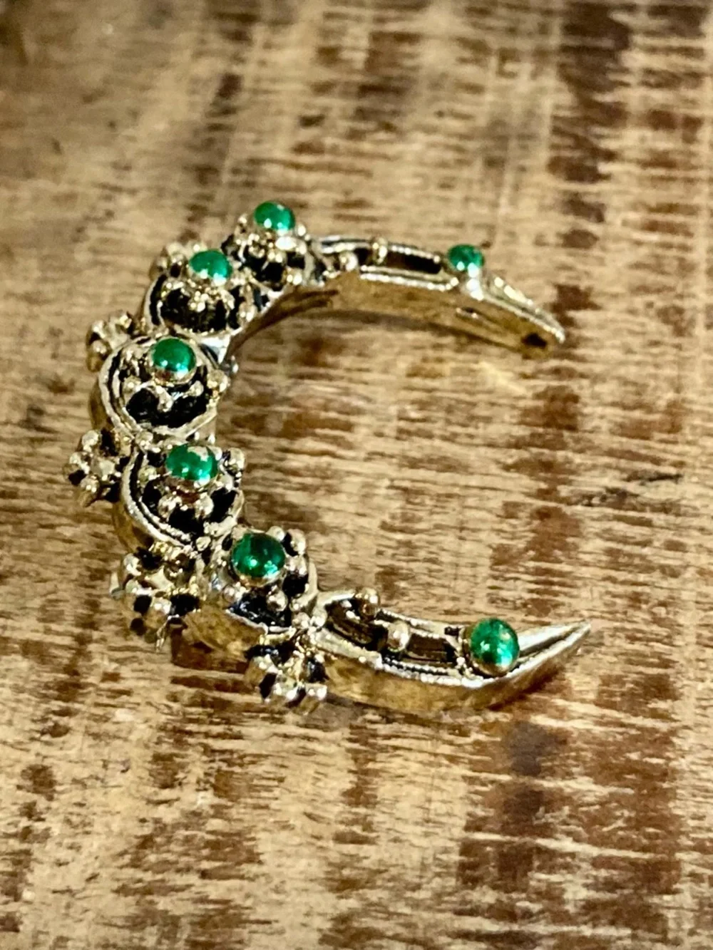 Gold Tone and Green Enamel Crescent Brooch